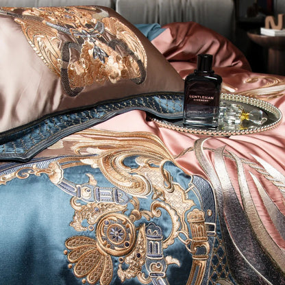 DecorBites™ Luxe Gold Embroidery Palace Style Bedding Set - Duvet, Sheet, Pillowcases