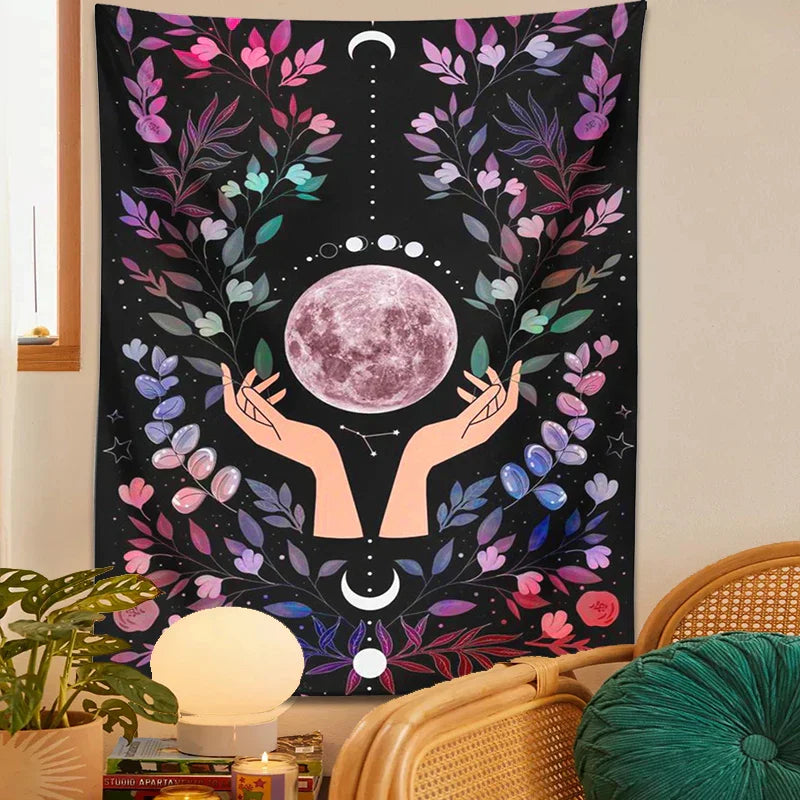 DecorBites™ Botanical Moon Tapestry: Psychedelic Boho Wall Art for Magic Crystal Altar & Chakra