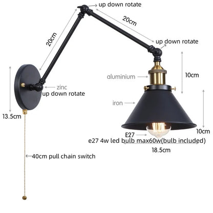 DecorBites™ Gold Long Arm LED Wall Sconce with Pull Chain Switch