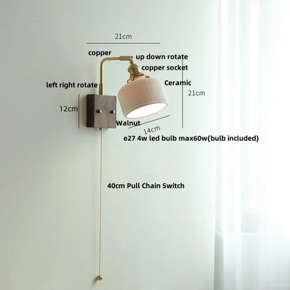 ™ Globe Ceramic Walnut Wood Wall Light with Pull Chain Switch and Rotatable Design