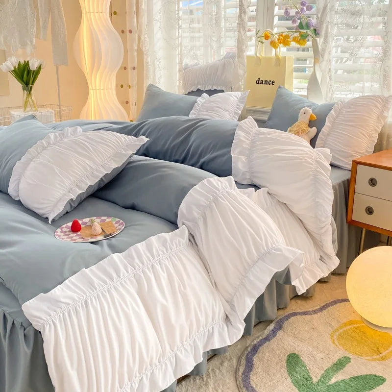 ™ Lace Trim Solid Cotton Bedding Set - Queen/King/Double/Single Sizes