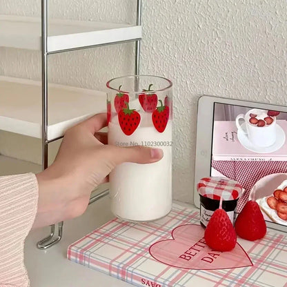 DecorBites™ Kawaii Strawberry Glasses Cup with Straws - Cute Clear Juice Mug