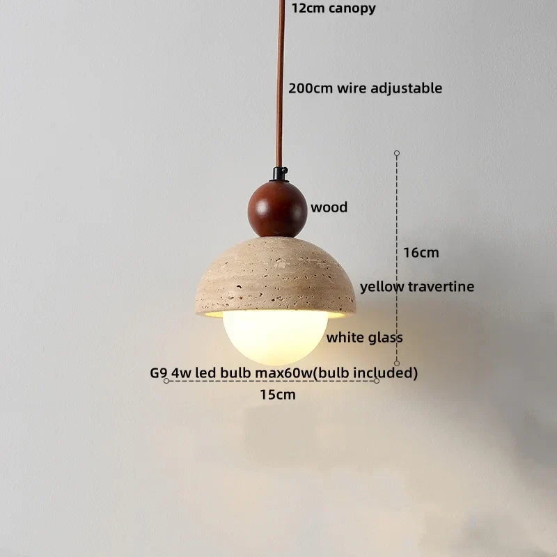 DecorBites™ LED Pendant Light: Japanese Style, Yellow Travertine Wood, Adjustable Hanging Lamp