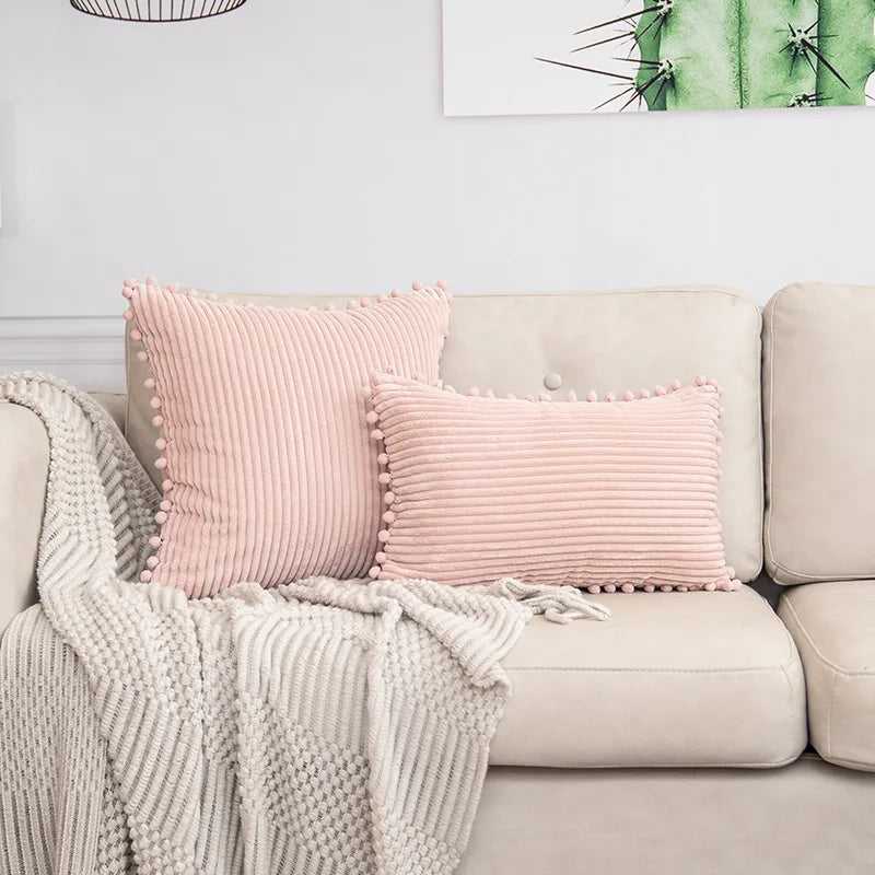 DecorBites™ Beige Striped Cushion Cover with Pom Pom Detail Lumbar Throw Pillow Case