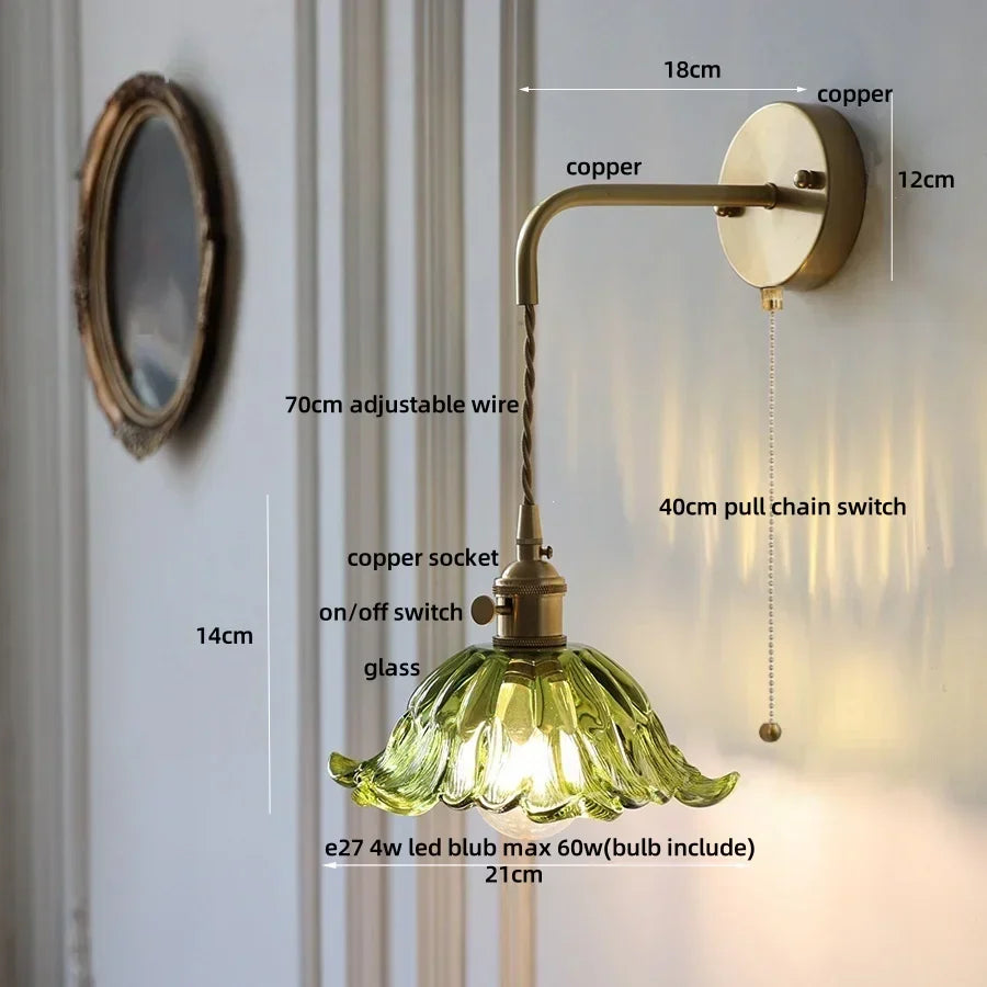 DecorBites™ Glass & Copper Green Flower LED Wall Sconce with Pull Chain