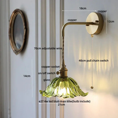 DecorBites™ Glass & Copper Green Flower LED Wall Sconce with Pull Chain