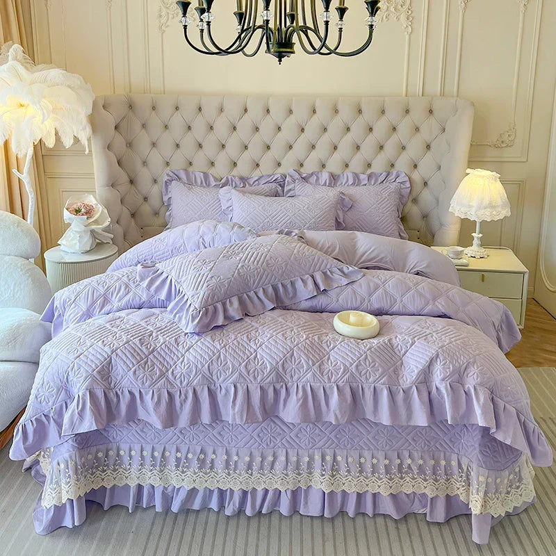 ™ Korean Princess Style Quilted Bedding Set with Lace Ruffles 200x230cm