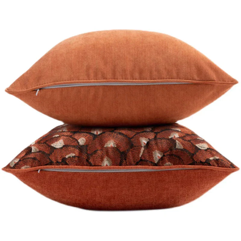 DecorBites™ Embroidered Geometry Pillow Case | Brick Red Retro Design | Sofa Cushion Cover
