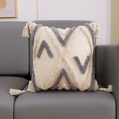 DecorBites™ Grey Geometric Tufted Cushion Cover with Fringe, Home & Car Decor Pillow Cover