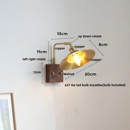 DecorBites™ LED Wall Light Walnut Wood Rotate Copper Bedside Lamp