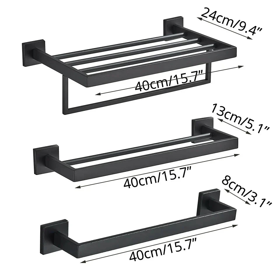 DecorBites™ Black Bathroom Accessories Set: Robe Hook, Towel Rail, Shelf, Tissue Holder