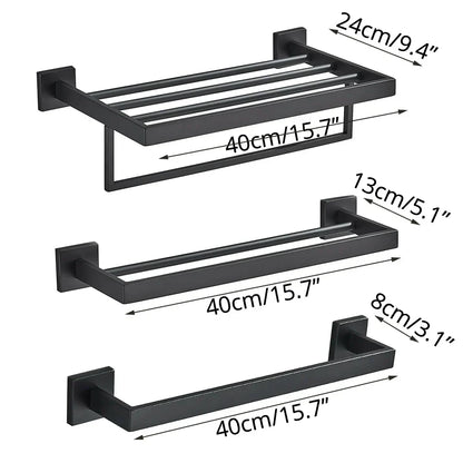 DecorBites™ Black Bathroom Accessories Set: Robe Hook, Towel Rail, Shelf, Tissue Holder