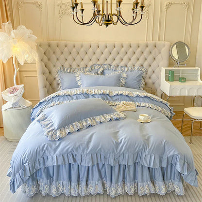 DecorBites™ Korean Princess Lace Ruffles Bedding Set in Bean Paste Pink