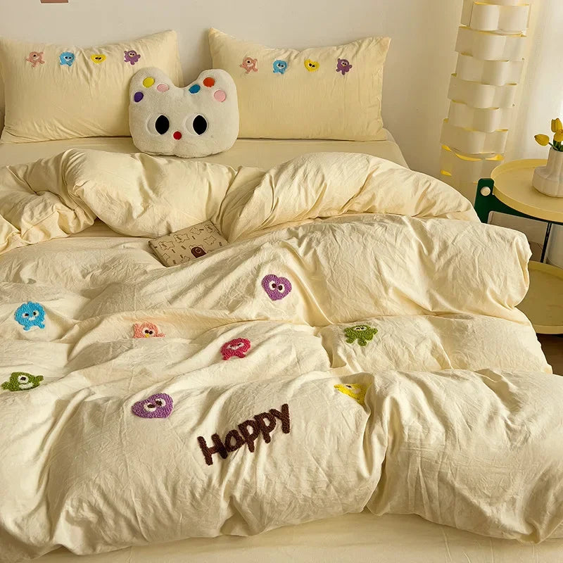 DecorBites™ Cartoon Towel Embroidery Bedding Set in Soft Washed Cotton for Kids