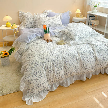 DecorBites™ Korean Princess Floral Ruffles Bedding Set: Single/Queen Duvet, Cover, & Pillowcases