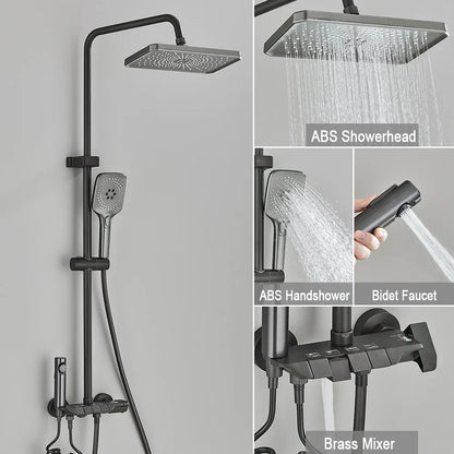 DecorBites™ Black Piano Digital Shower System with Intelligent Brass Faucets and White Rainfall Shower