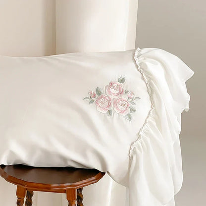 ™ Lace Ruffles Flowers Embroidery 4Pc Egyptian Cotton Bedding Set