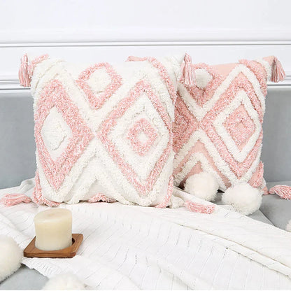 DecorBites™ Boho Pink Geometric Tufted Tassel Pillow Covers 30x100cm - Decorative Double Pillows