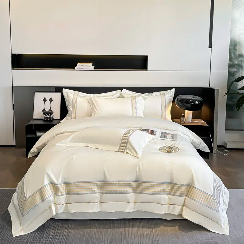 DecorBites™ 100s Egyptian Cotton Embroidery King Queen Bedding Set with Duvet Cover