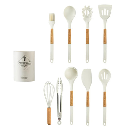 DecorBites™ 10/13 PCS Silicone Kitchen Cookware Set - High Temperature Resistant Non-Stick with Wooden Handle