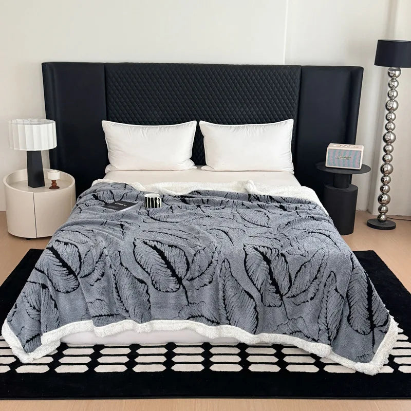 DecorBites™ Leaf Jacquard Double-Layer Flannel Blanket for Sofa and Bed