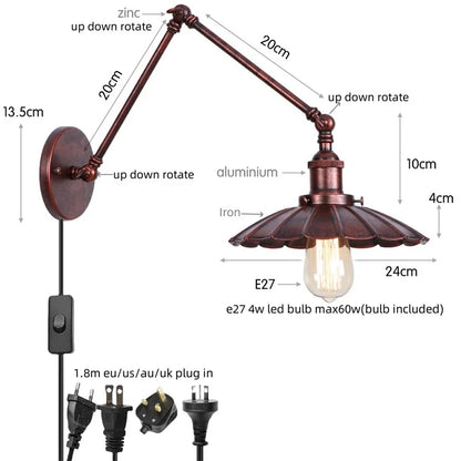 DecorBites™ Gold Industrial LED Wall Lamp with Pull Chain Switch for Home Decor