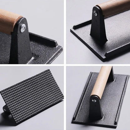 DecorBites™ Cast Iron Steak Press Plate with Wooden Handle - Rectangular Meat Press Tool