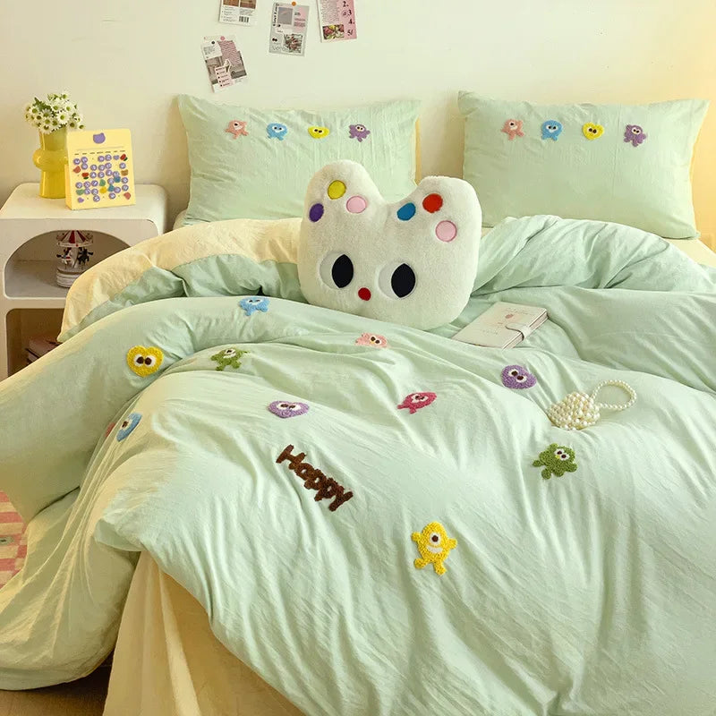 DecorBites™ Cartoon Towel Embroidery Bedding Set in Soft Washed Cotton for Kids