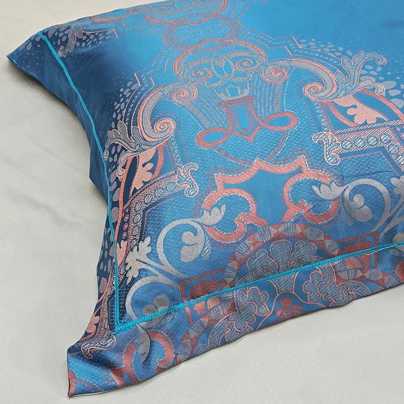 DecorBites™ Blue Satin Jacquard Queen Duvet Cover Set with Sheet & Pillowcases