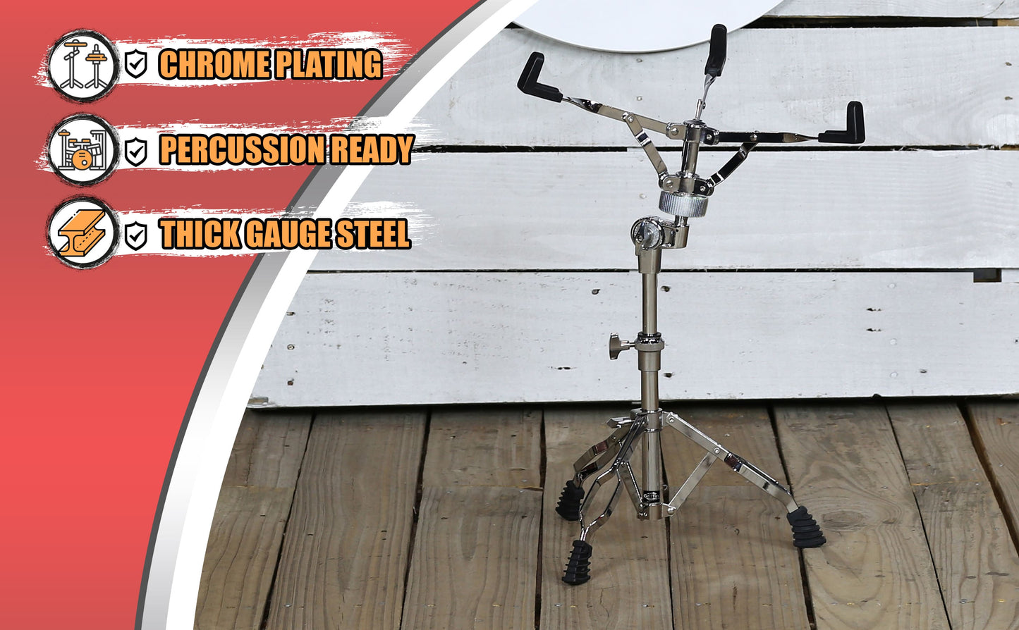 Snare Drum Stand by GRIFFIN | Deluxe Percussion Hardware Base Kit | Double Braced, Light Weight Mount for Standard Snares, Tom Drums & Practice Pad | Slip-Proof Gear Tilter & Clamp Style Basket Holder
