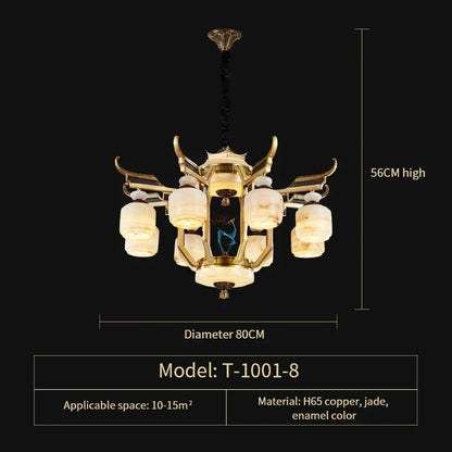 DecorBites™ All Copper Jade Chandelier for Villa Living Room, Dining Room - Chinese Style Duplex Copper Lamp