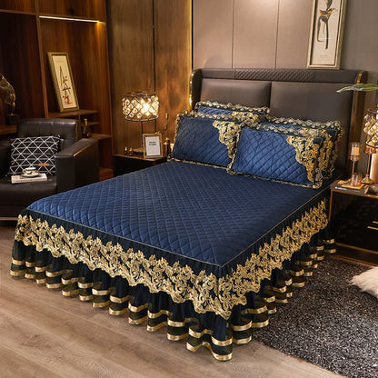 DecorBites™ Black Gold Lace Duvet Set, Luxury Crystal Velvet, Quilted Embroidery, Ruffle Bedding
