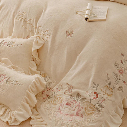 DecorBites™ Butterflies & Flowers Embroidery Ruffles Princess Bedding Set - 4Pcs