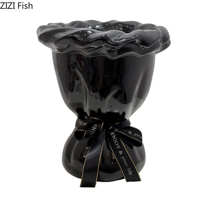DecorBites™ Ceramic Vase with Artificial Flowers Bouquet for Desk and Room Decoration
