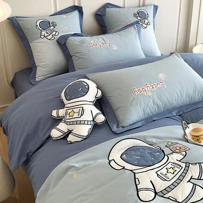 DecorBites™ Astronaut Cartoon Embroidery Boys Bedding Set, 100% Cotton, Single Duvet Cover, Bed Sheet, Pillowcases