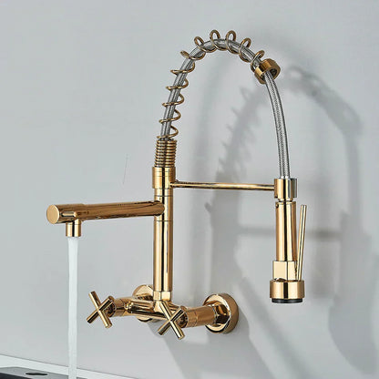 DecorBites™ Gold Black Kitchen Faucet Wall Mount Pull Down Tap Dual Swivel Spouts