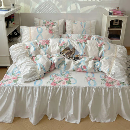 DecorBites™ Korean Princess Flowers Bedding Set - Duvet Cover, Bed Skirt, Pillowcases