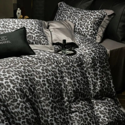 DecorBites™ 1000TC Egyptian Cotton Grey Leopard Print Bedding Set with Duvet Cover, Sheet, Pillowcase