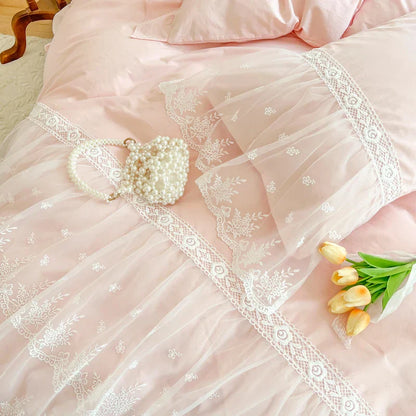 DecorBites™ French Princess Lace Ruffles Bedding Set, 100% Cotton, Pink Romantic Theme