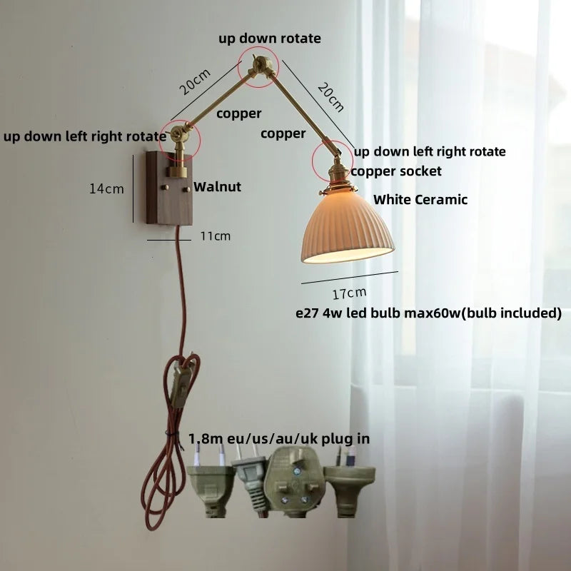 DecorBites™ Ceramic LED Wall Light Rotatable Walnut Bedside Lamp