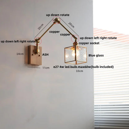 DecorBites™ Ash Wood LED Swing Arm Wall Light with Pull Chain Switch & Blue Glass