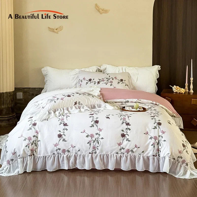 DecorBites™ Lace Ruffles Princess Cotton Bedding Set, Floral Quilt Cover, Girls Wedding Home Textiles