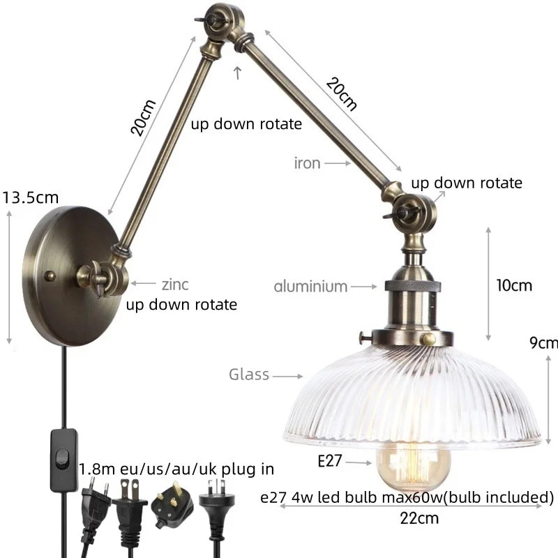 DecorBites™ LED Glass Swing Arm Wall Lamps for Bedroom, Bathroom, and Stairway