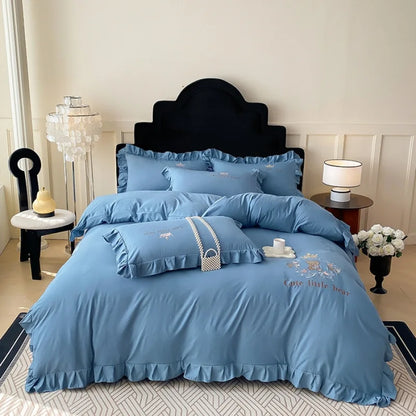 DecorBites™ French Embroidered Cotton Bed Skirt Set with Ruffled Edges