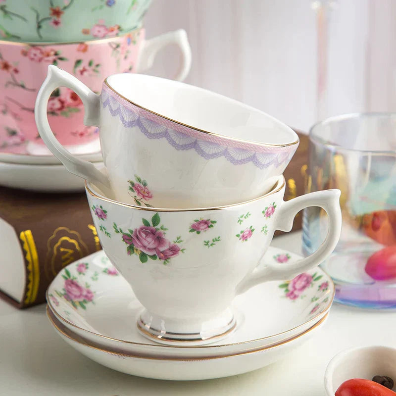 DecorBites™ Bone China Flower Tea Cup Set, 180ml, Phnom Penh Afternoon Teacups for Home, Office, Hotel