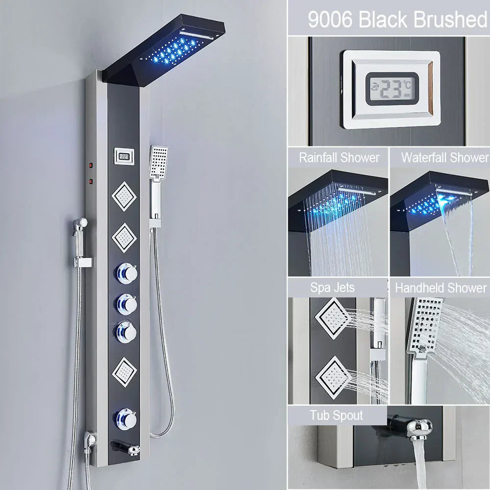 DecorBites™ Black LED Waterfall Rain Shower Panel Faucet Set with Massage Jets