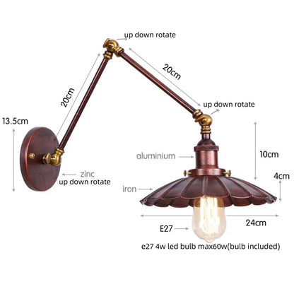 DecorBites™ Gold Industrial LED Wall Lamp with Pull Chain Switch for Home Decor