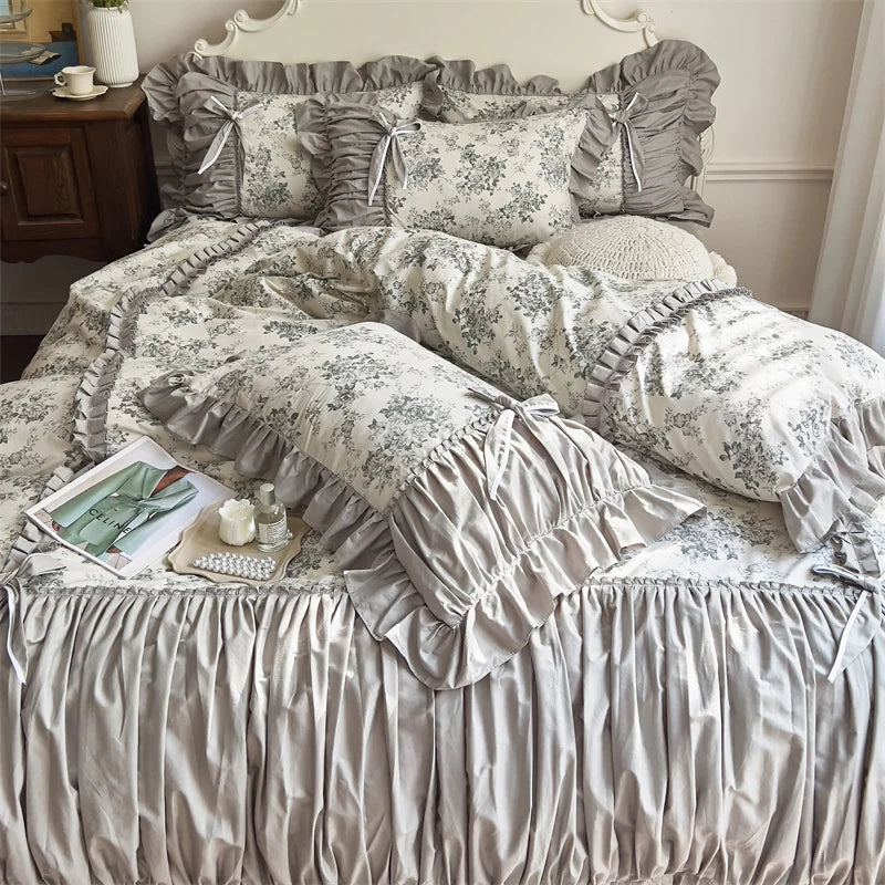 DecorBites™ French Vintage Flowers Cotton Bedding Set with Lace Ruffles & Pleats