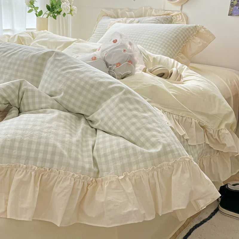 DecorBites™ Korean Princess Style Cotton Bedding Set with Ruffles and Lace