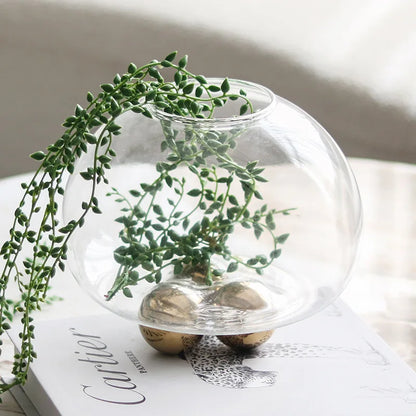 DecorBites™ Geometric Golden Ball Glass Vase for Floral Arrangements and Home Decor
